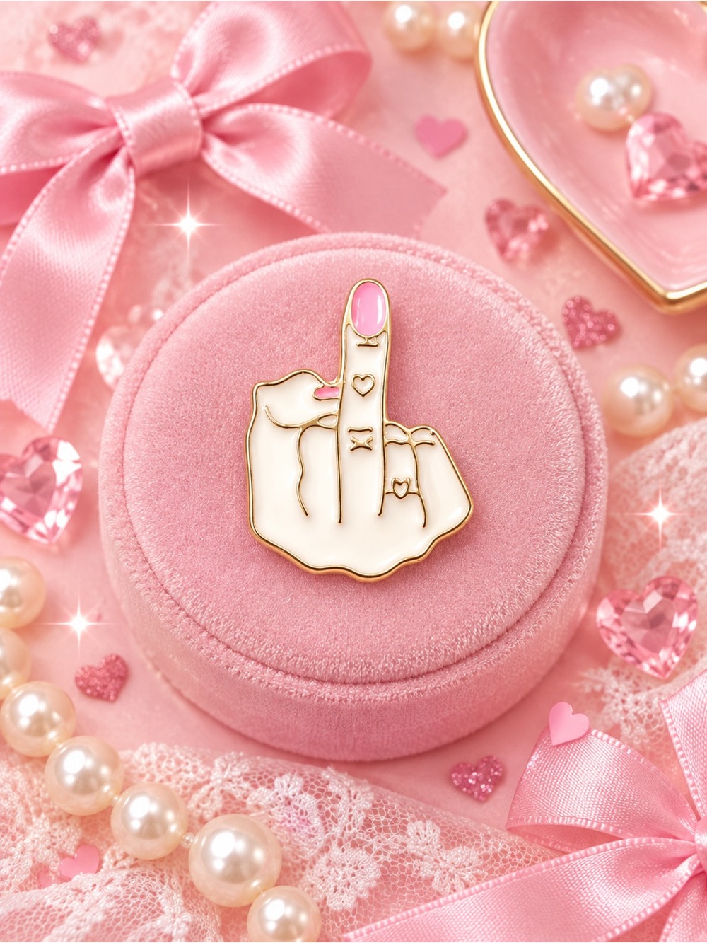 Cute But Rude Pink Middle Finger Enamel Brooch Pin Gold Tone